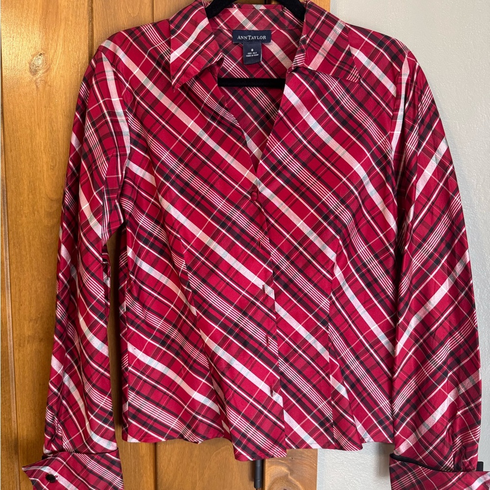 Ann Taylor Red, Black and White Plaid Silk Blouse